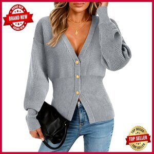 Chunky Knit V-Neck Cardigan, Open Front, Button Down, Loose Fit